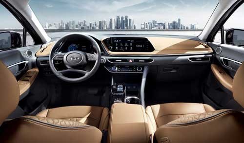 Car interior with dashboard, steering wheel and passenger seats