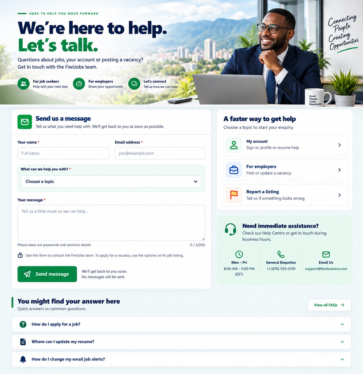 FiwiJobs: We’re here to help. Let’s talk. Support for job seekers and employers, with a professional at a laptop overlooking Jamaica.