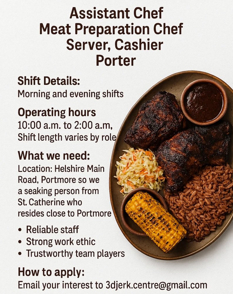 Job advertisement: Now Hiring: Restaurant Staff – Portmore
