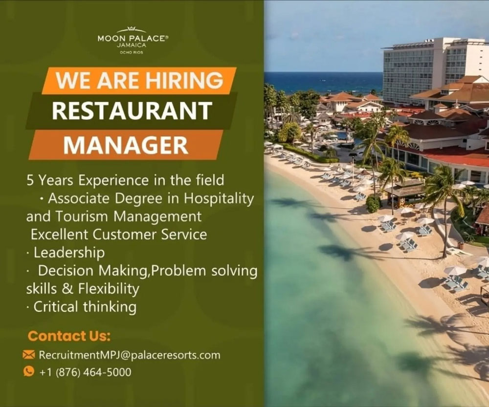 Hiring Now Restaurant Manager at Moon Palace Jamaica