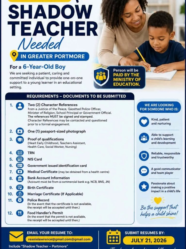 Job advertisement: Shadow Teacher Needed for Six-Year-Old Boy in Portmore