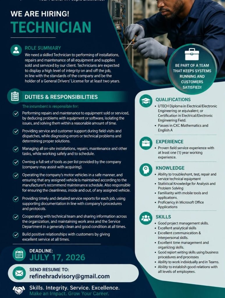Job advertisement: Electrical and Electronic Technician Job Vacancy