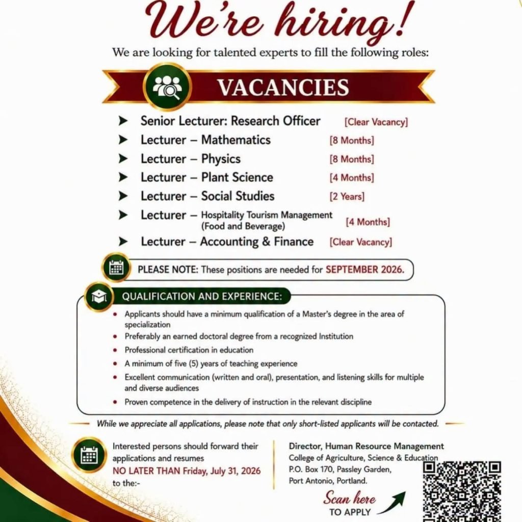 Job advertisement: Lecturer Vacancies at the College of Agriculture, Science and Education