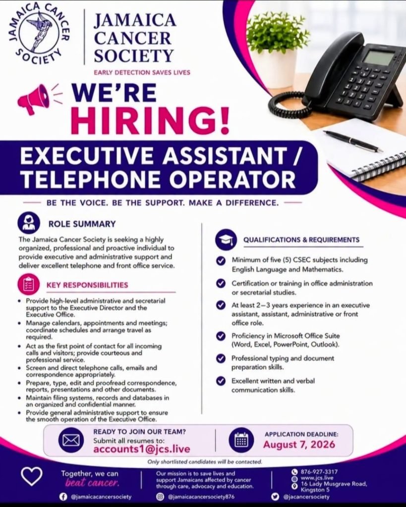 Job advertisement: Executive Assistant and Telephone Operator Vacancy