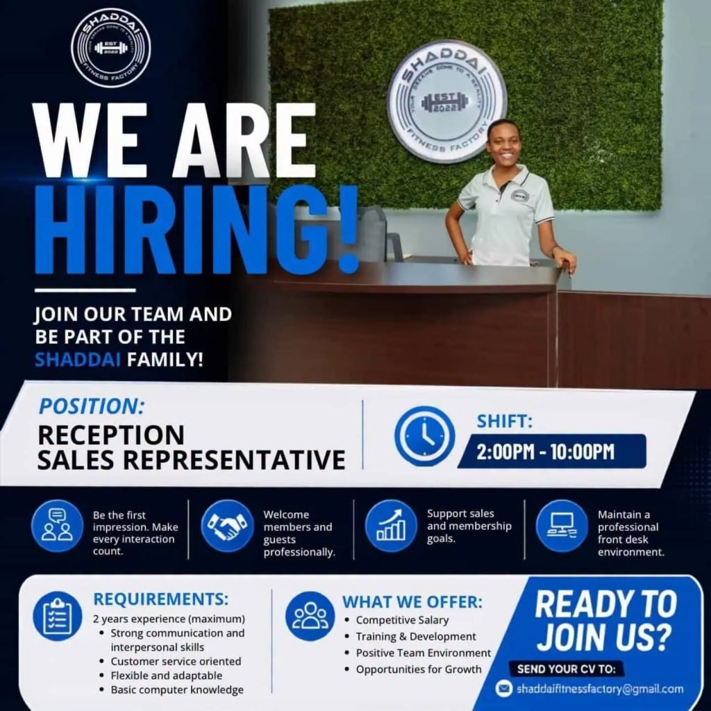 Job advertisement: Reception Sales Representative Needed – Shaddai Fitness Factory