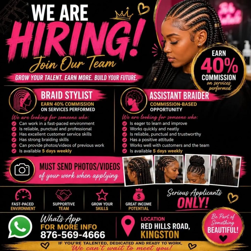 Job advertisement: Braid Stylist & Assistant Braider Jobs in Kingston