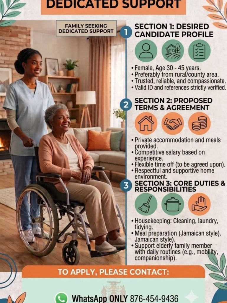 Job advertisement: Live-In Elderly Caregiver / Domestic Support Job – Jamaica