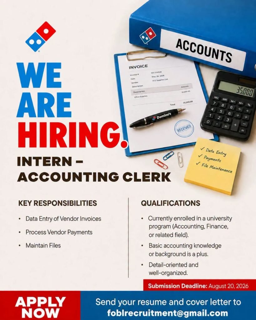 Job advertisement: Accounting Clerk Internship – Domino’s Jamaica