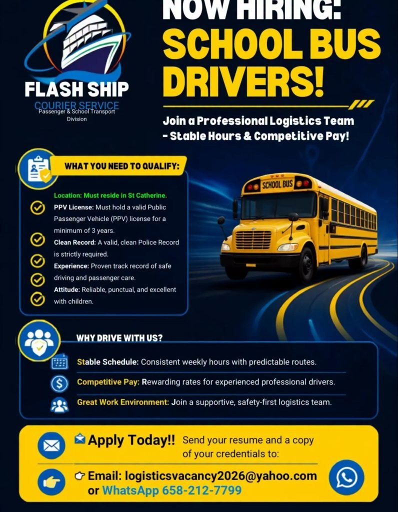 Job advertisement: School Bus Driver Jobs – St. Catherine, Jamaica