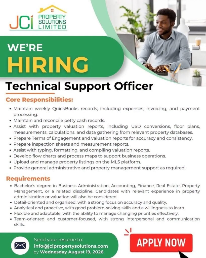 Job advertisement: Technical Support Officer Vacancy – JCI Property Solutions Limited