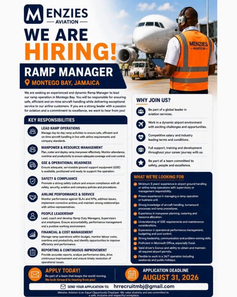 Job advertisement: Menzies Aviation Hiring Ramp Manager in Montego Bay