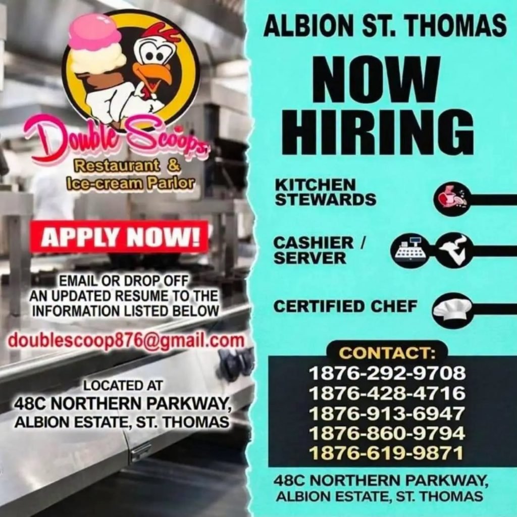 Job advertisement: Double Scoops Restaurant & Ice-Cream Parlor Hiring in St. Thomas