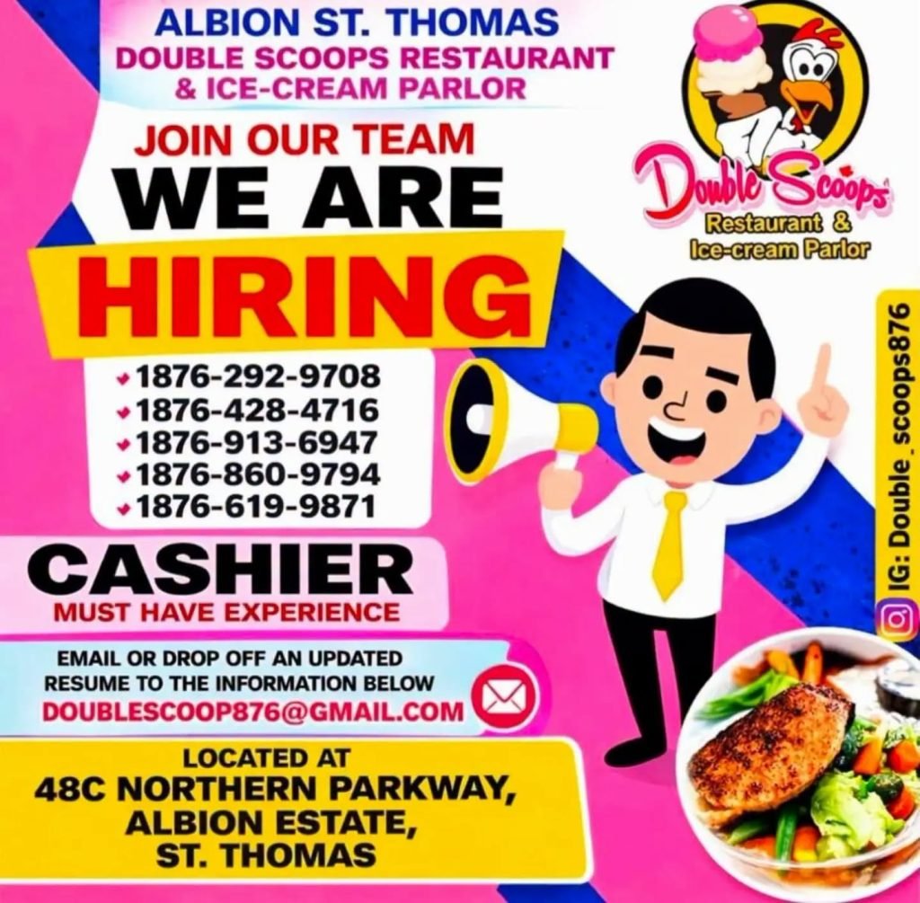Job advertisement: Double Scoops Restaurant & Ice-Cream Parlor Hiring Cashier in St. Thomas