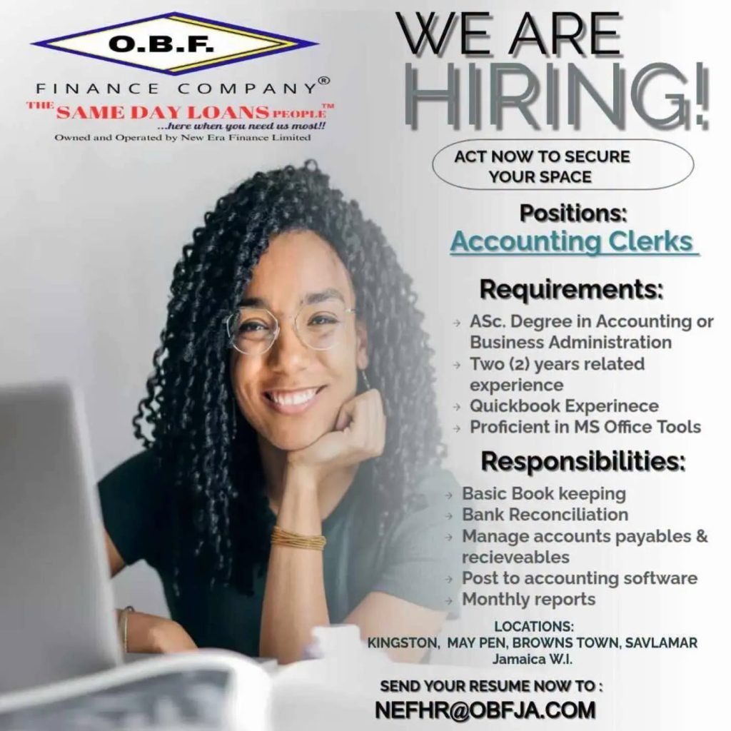 Job advertisement: O.B.F Finance Company Hiring Accounting Clerks Across Jamaica