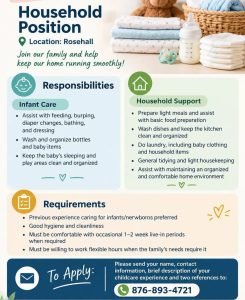 Job advertisement: Infant Care & Housekeeping Job Opportunity in Rose Hall