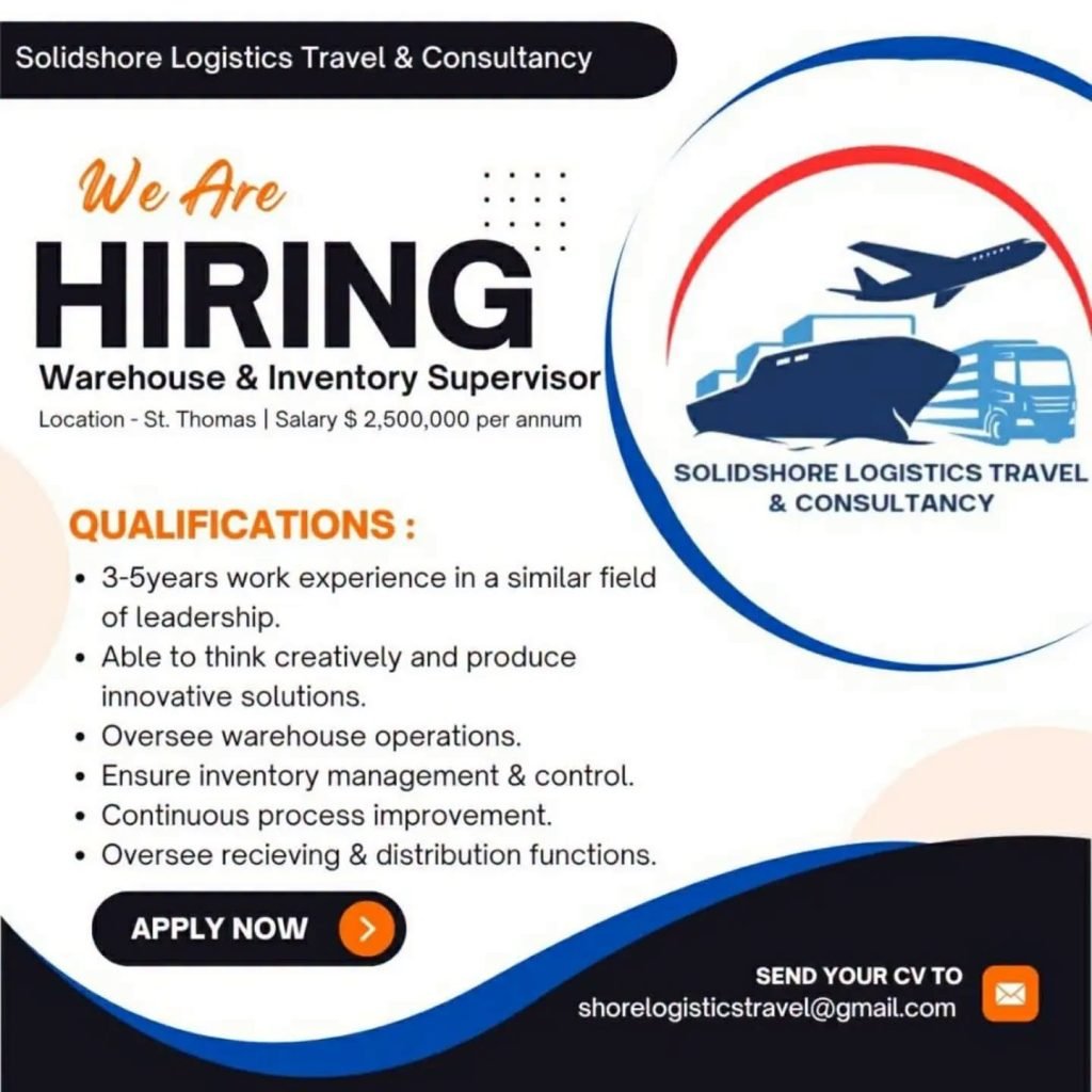 Job advertisement: Warehouse & Inventory Supervisor Job Vacancy – St. Thomas, Jamaica