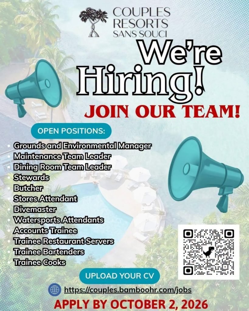 Job advertisement: Couples Resorts Sans Souci Hiring – Multiple Hospitality Vacancies
