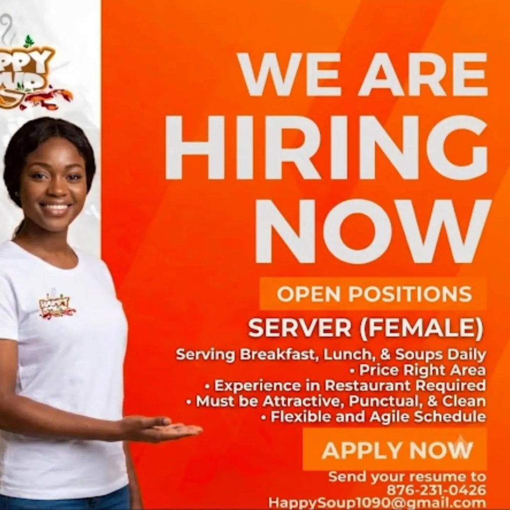 Job advertisement: Server Job Vacancy in Jamaica – Happy Soup Hiring Now