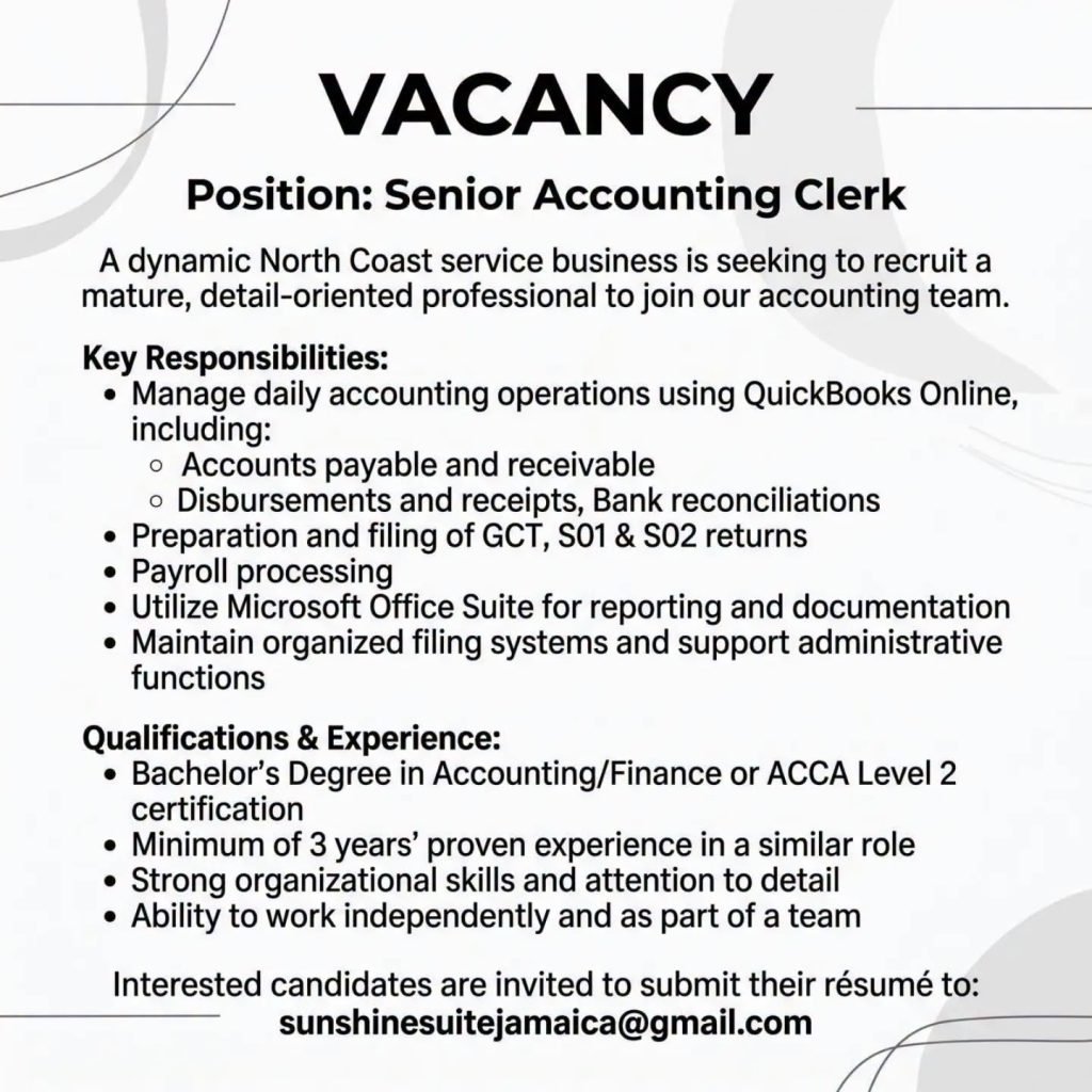 Job advertisement: Senior Accounting Clerk Job Vacancy in Jamaica