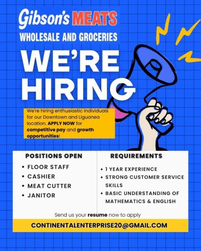 Job advertisement: Gibson’s Meats Hiring Floor Staff, Cashiers, Meat Cutters & Janitors