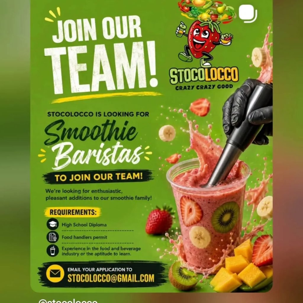 Job advertisement: Smoothie Barista Job Vacancy at Stocolocco Jamaica