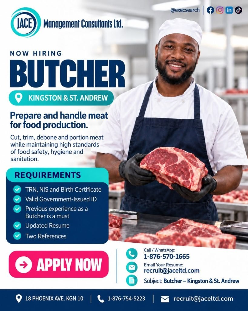 Job advertisement: Butcher Job Vacancy β Kingston & St. Andrew