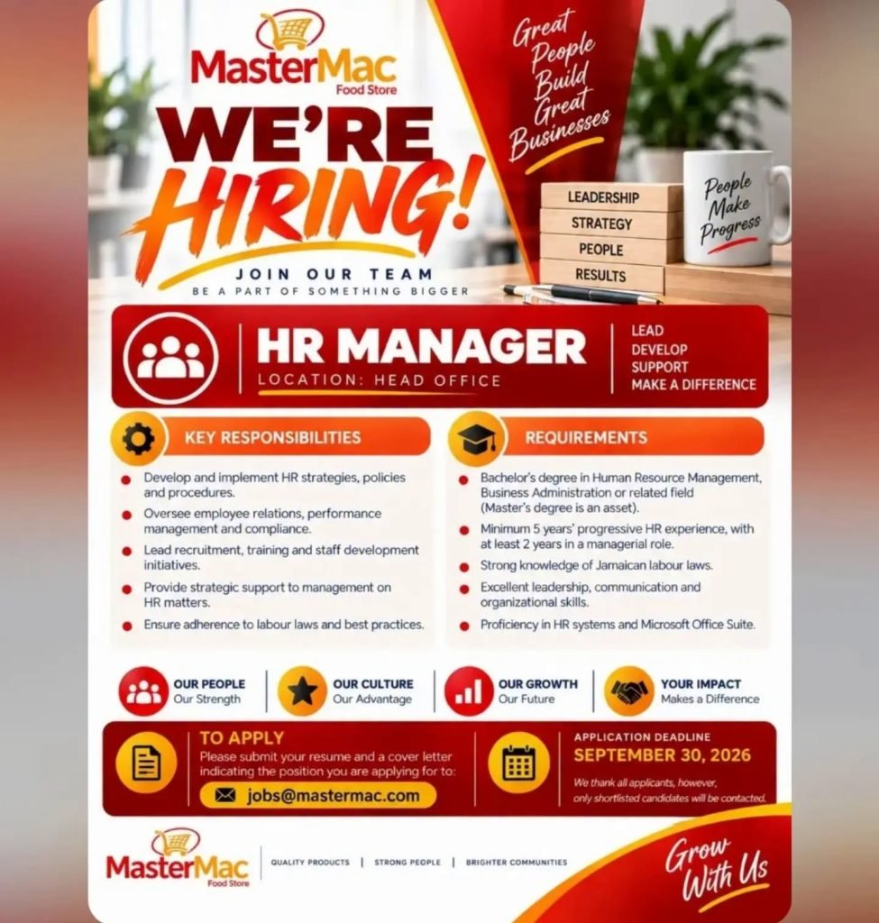 Job advertisement: HR Manager Job Vacancy in Jamaica – MasterMac Food Store
