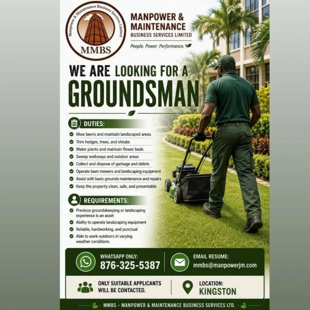 Job advertisement: Groundsman Job Vacancy in Kingston – Manpower & Maintenance Business Services