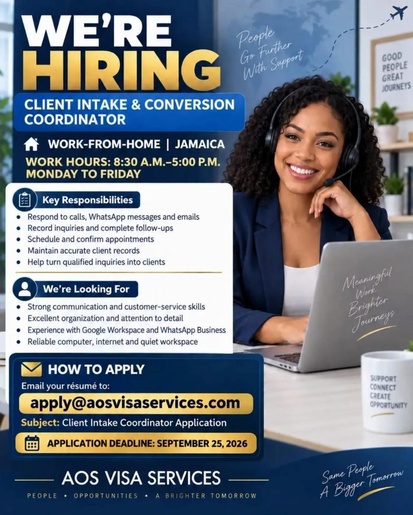 Job advertisement: Client Intake & Conversion Coordinator – Work From Home Jamaica