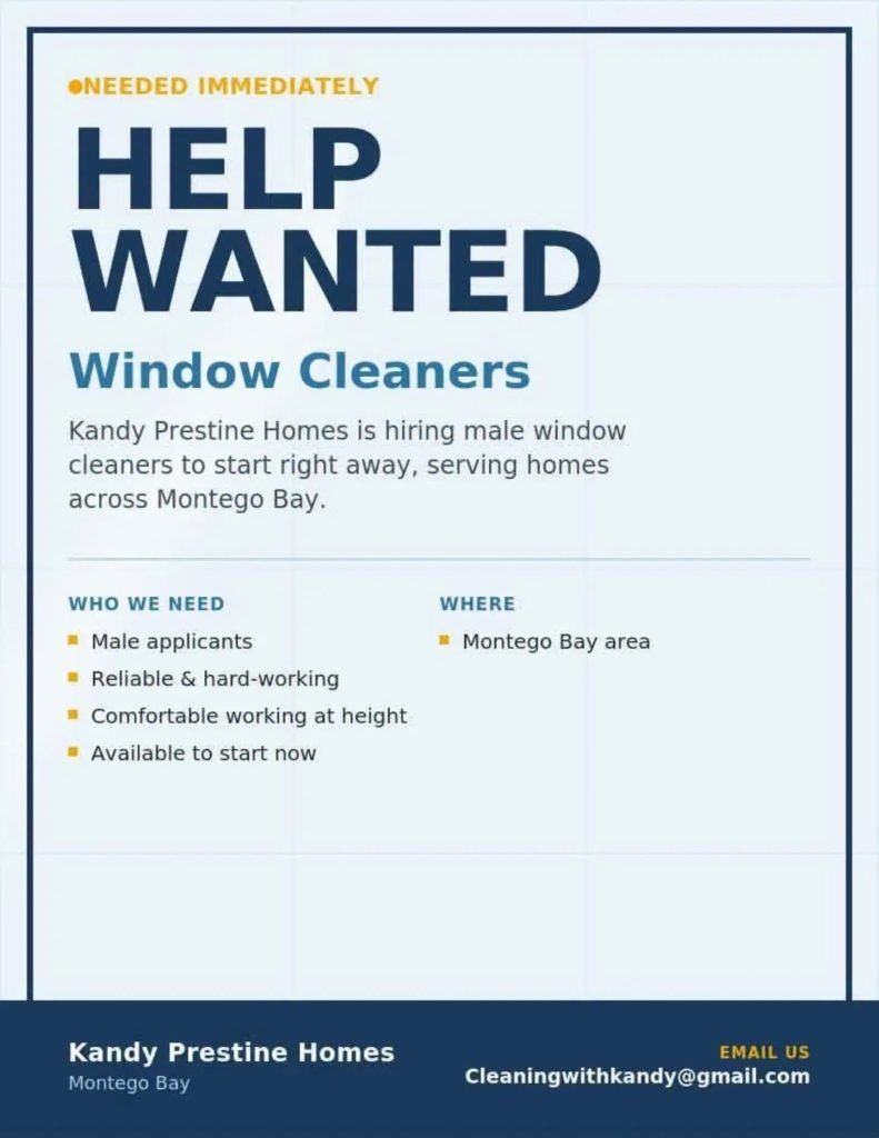 Job advertisement: Window Cleaner Job Vacancy – Montego Bay, Jamaica