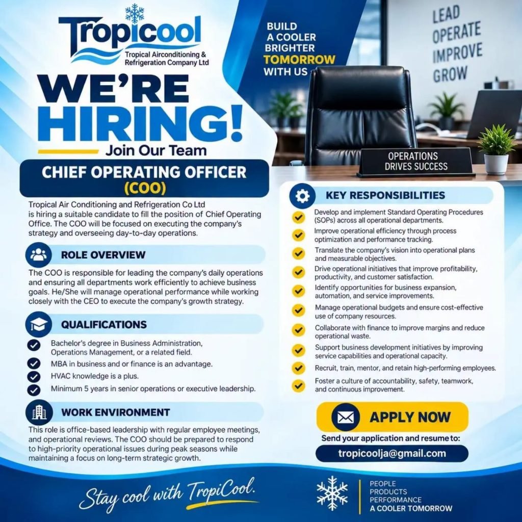 Job advertisement: Chief Operating Officer (COO) – TropiCool Jamaica