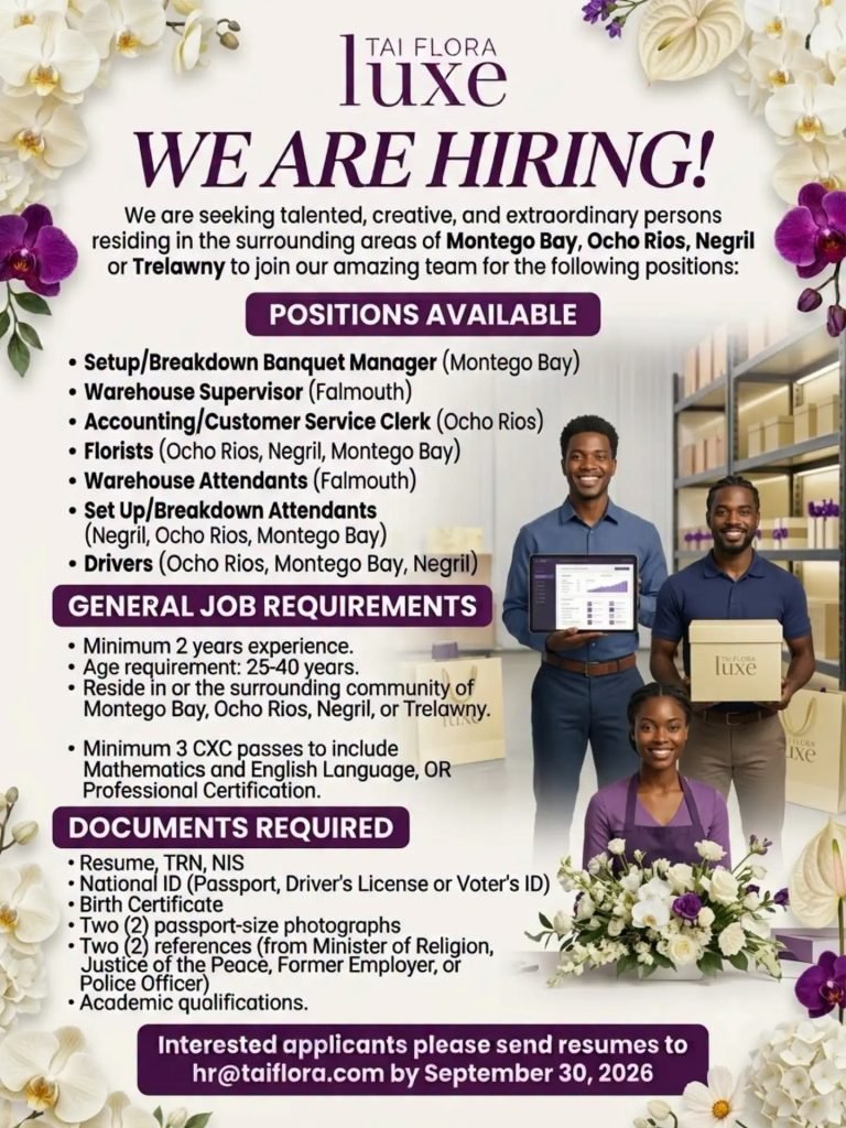 Job advertisement: Tai Flora Luxe Hiring – Multiple Job Vacancies in Jamaica