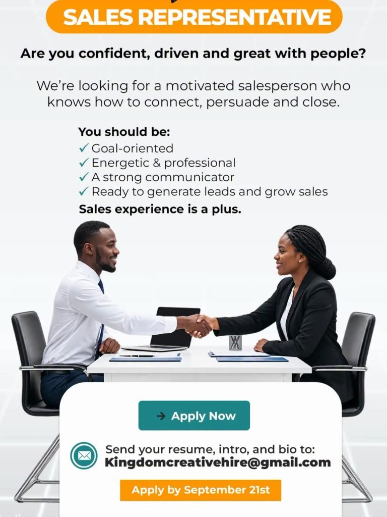 Job advertisement: Sales Representative Job Vacancy – Apply by September 21