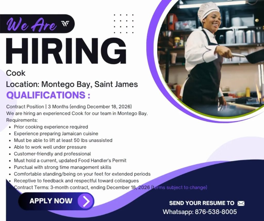 Job advertisement: Cook Job – Montego Bay, St. James