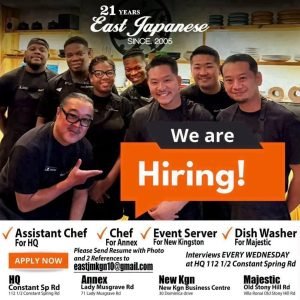 Job advertisement: East Japanese Restaurant Hiring Chefs, Event Servers & Dishwashers
