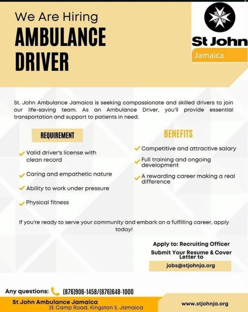 Job advertisement: Ambulance Driver Job Vacancy in Kingston, Jamaica