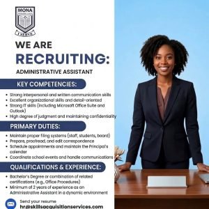 Job advertisement: Administrative Assistant Vacancy – Mona Preparatory School