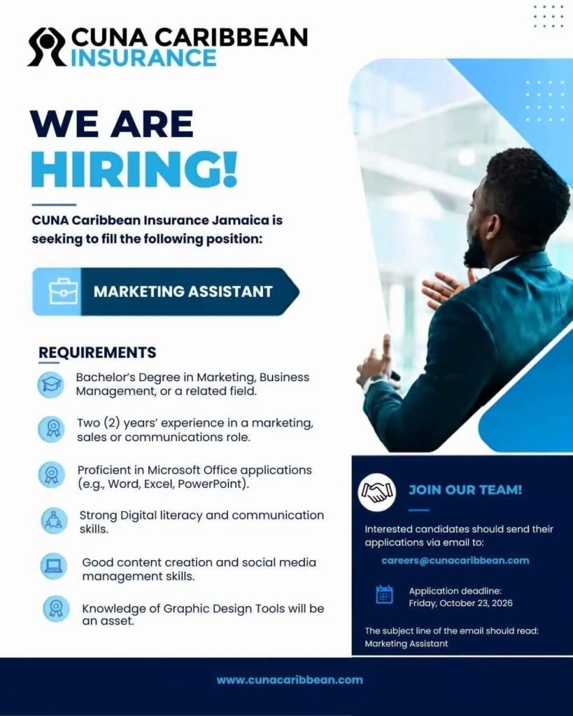 Job advertisement: Marketing Assistant Job Vacancy – CUNA Caribbean Insurance Jamaica