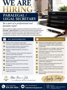 Job advertisement: Paralegal / Legal Secretary Job Vacancy in Jamaica