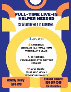 Job advertisement: Full-Time Live-In Helper Needed in Kingston