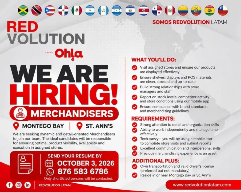 Job advertisement: Merchandisers Needed in Montego Bay & St. Ann – Apply by October 3, 2026