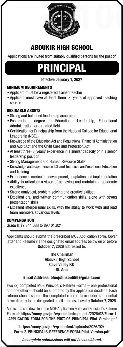 Aboukir High School Hiring Principal in St. Ann, Jamaica