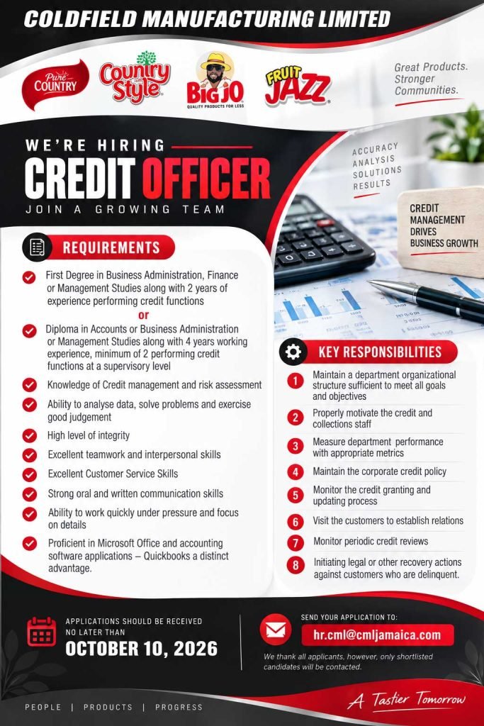 Job advertisement: Credit Officer Job Vacancy at Coldfield Manufacturing Limited Jamaica