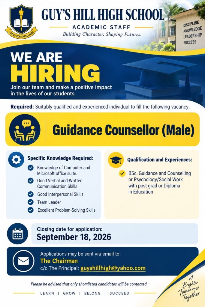 Job advertisement: Guidance Counsellor Vacancy at Guy’s Hill High School