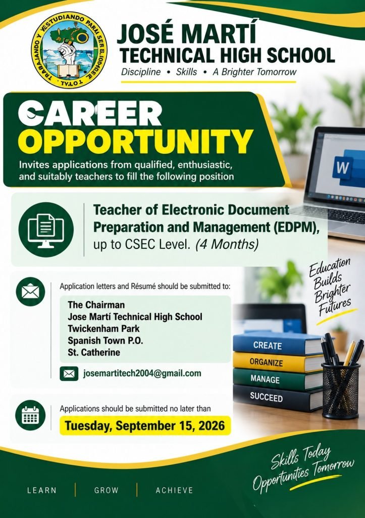 Job advertisement: EDPM Teacher Vacancy – José Martí Technical High School