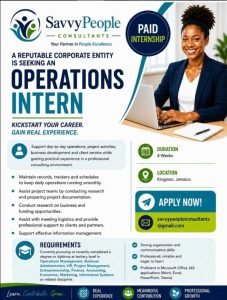 Job advertisement: Operations Intern Vacancy in Kingston – SavvyPeople Consultants