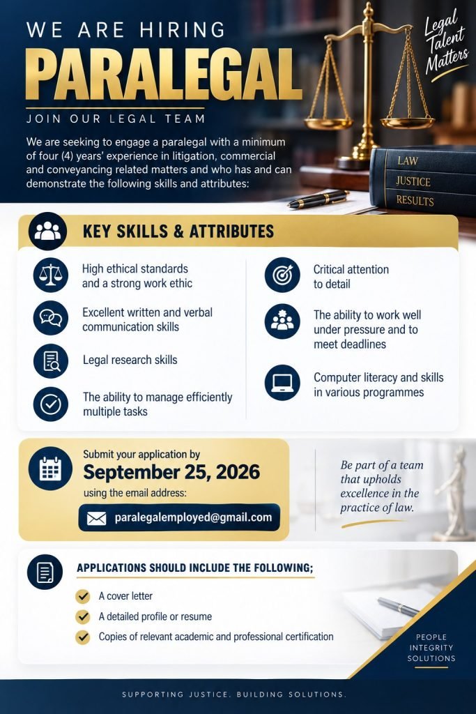 Job advertisement: Paralegal Job Vacancy – Apply by September 25, 2026