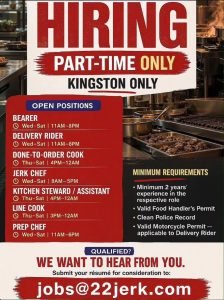 Job advertisement: Restaurant Jobs in Kingston Jamaica – Apply at 22 Jerk
