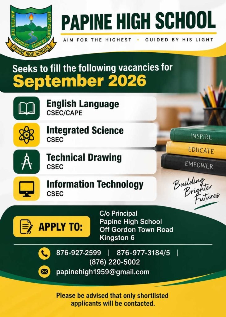 Job advertisement: Teacher Jobs in Kingston Jamaica – Papine High School Vacancies