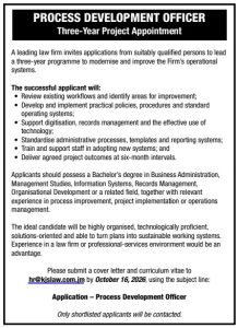 Job advertisement: Process Development Officer Vacancy – Three-Year Project Appointment